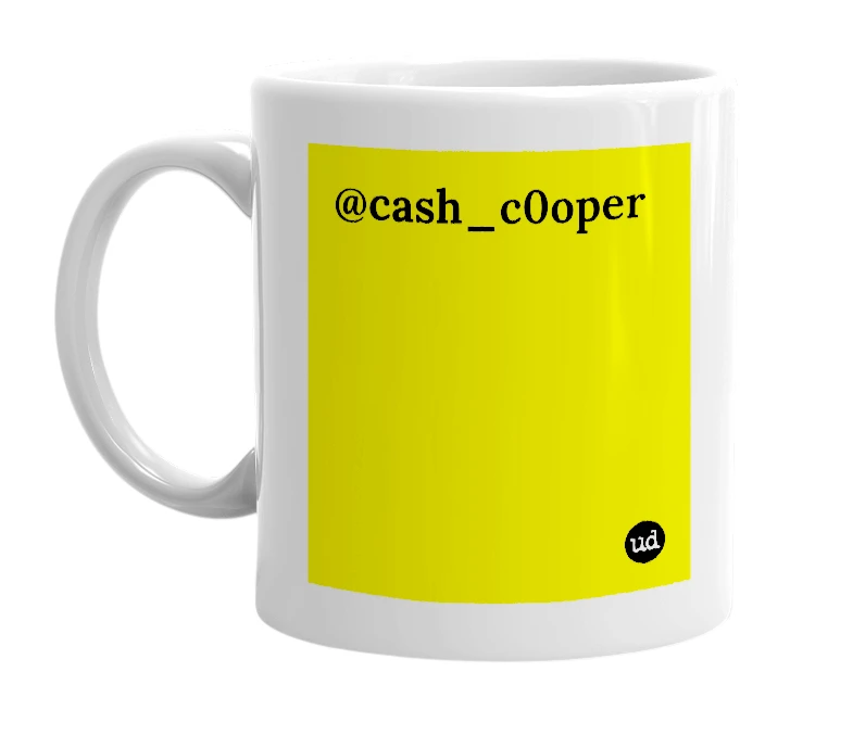 White mug with '@cash_c0oper' in bold black letters