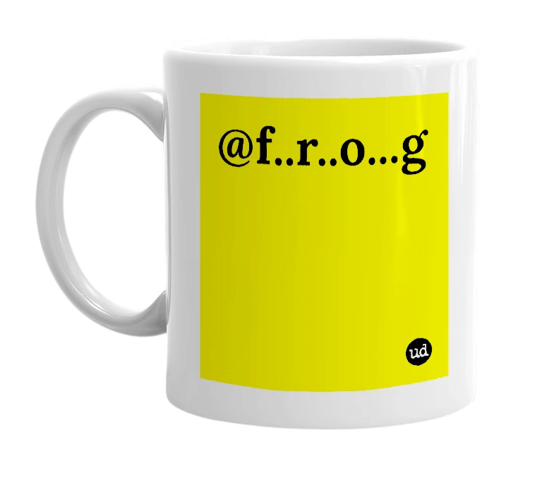 White mug with '@f..r..o...g' in bold black letters