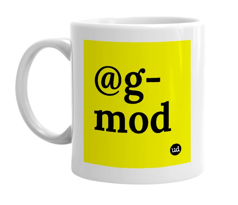 White mug with '@g-mod' in bold black letters