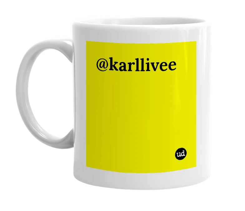 White mug with '@karllivee' in bold black letters
