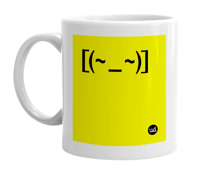White mug with '[(~_~)]' in bold black letters