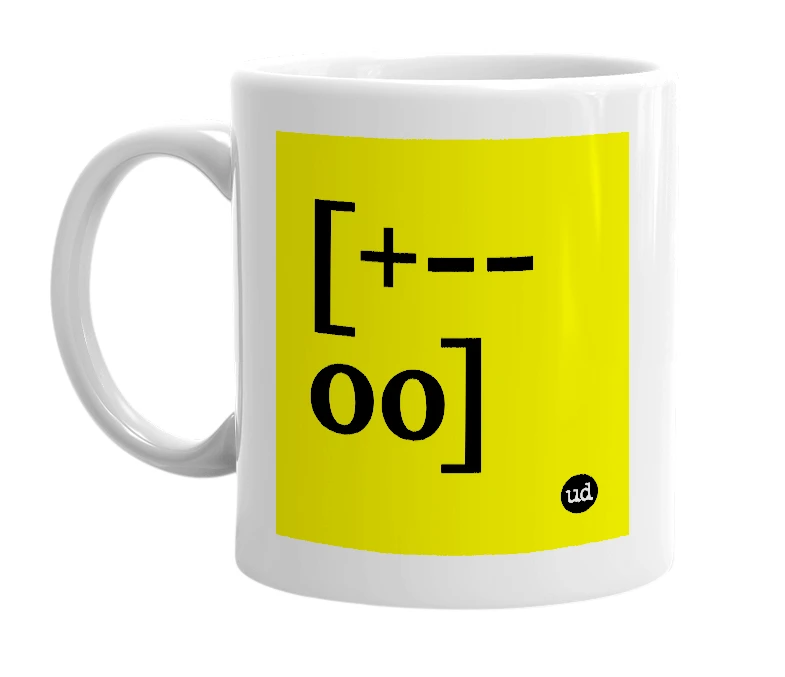 White mug with '[+--oo]' in bold black letters