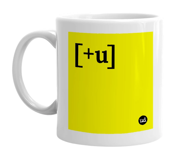 White mug with '[+u]' in bold black letters