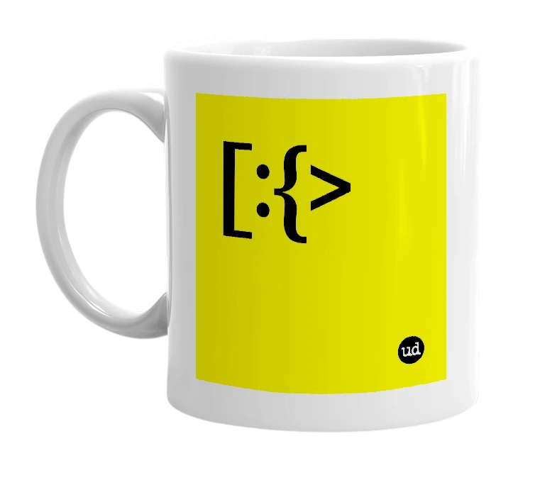 White mug with '[:{>' in bold black letters