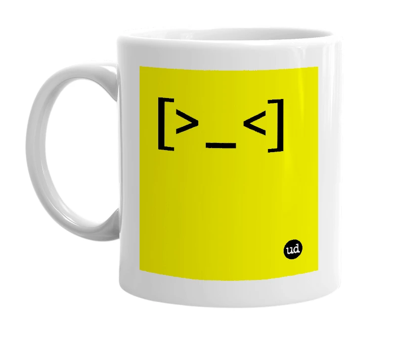 White mug with '[>_<]' in bold black letters