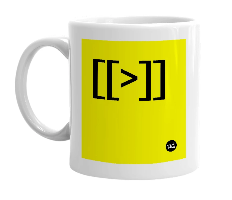 White mug with '[[>]]' in bold black letters