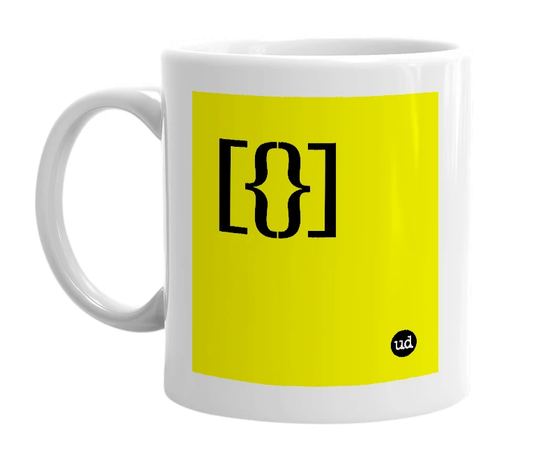 White mug with '[{}]' in bold black letters