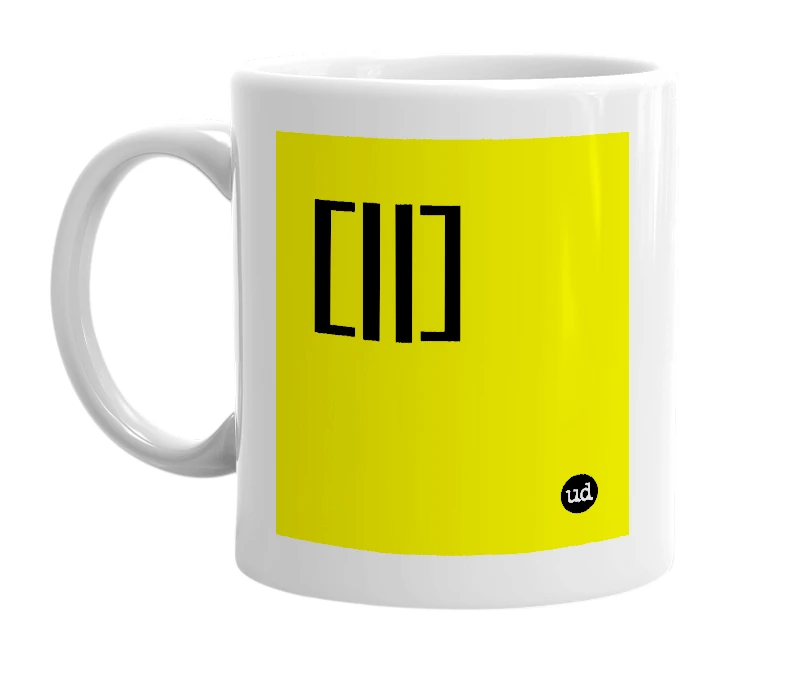 White mug with '[||]' in bold black letters
