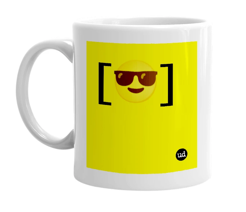 White mug with '[😎]' in bold black letters