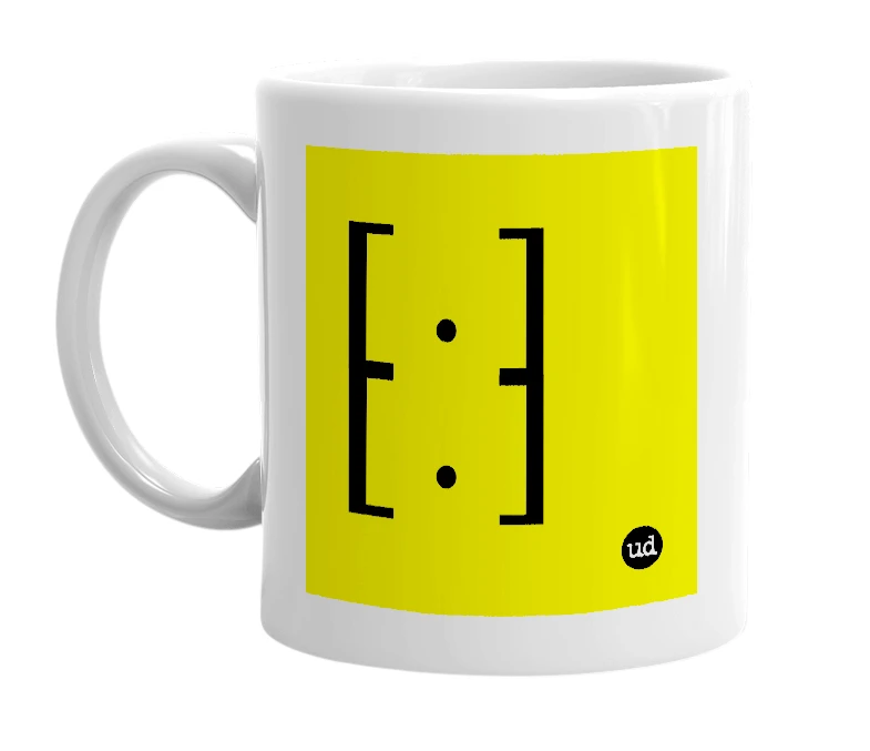 White mug with '[ . ] [ . ]' in bold black letters