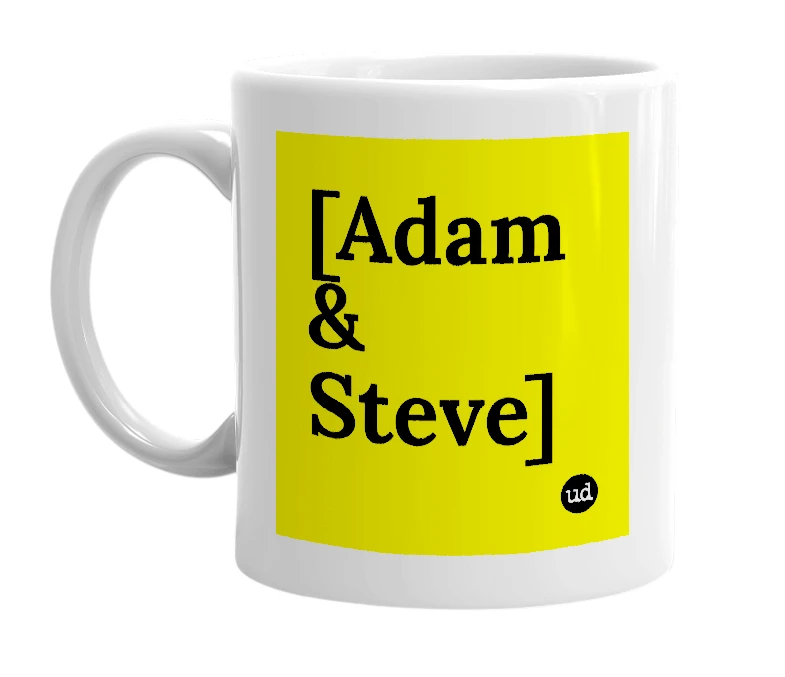 White mug with '[Adam & Steve]' in bold black letters