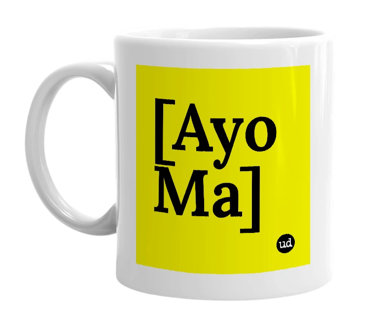 White mug with '[Ayo Ma]' in bold black letters