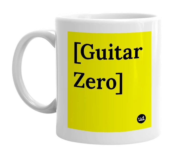 White mug with '[Guitar Zero]' in bold black letters