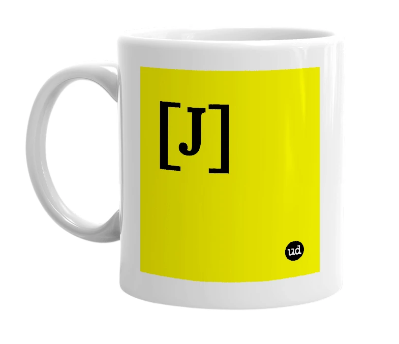 White mug with '[J]' in bold black letters