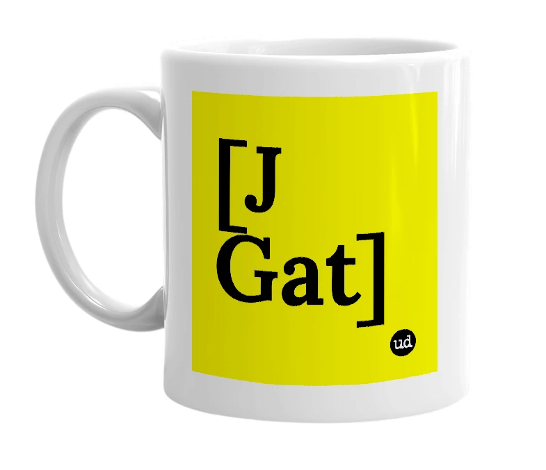 White mug with '[J Gat]' in bold black letters