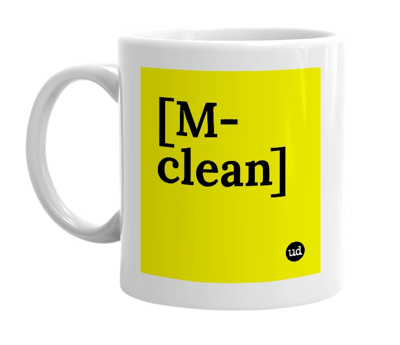 White mug with '[M-clean]' in bold black letters