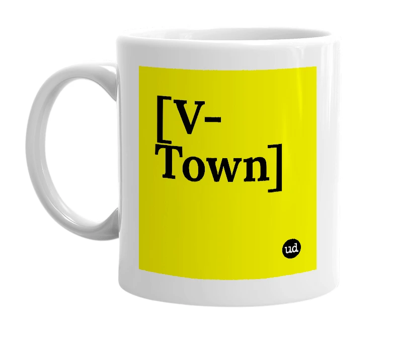 White mug with '[V-Town]' in bold black letters