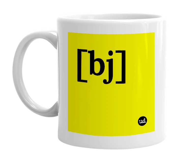 White mug with '[bj]' in bold black letters