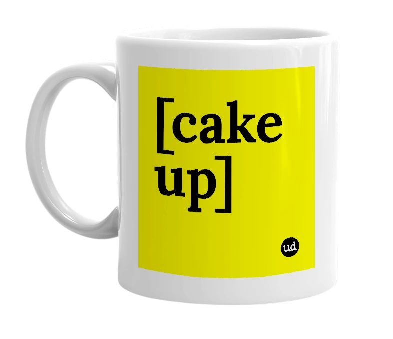 White mug with '[cake up]' in bold black letters