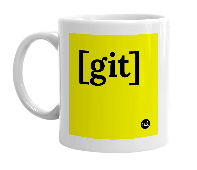 White mug with '[git]' in bold black letters