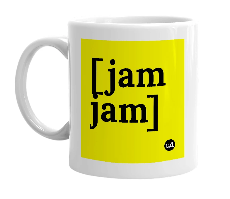 White mug with '[jam jam]' in bold black letters