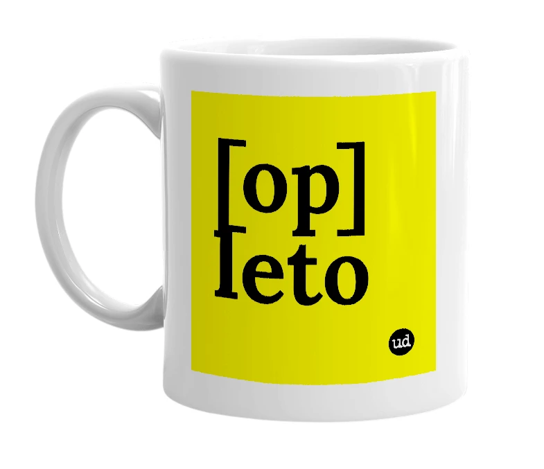 White mug with '[op] leto' in bold black letters