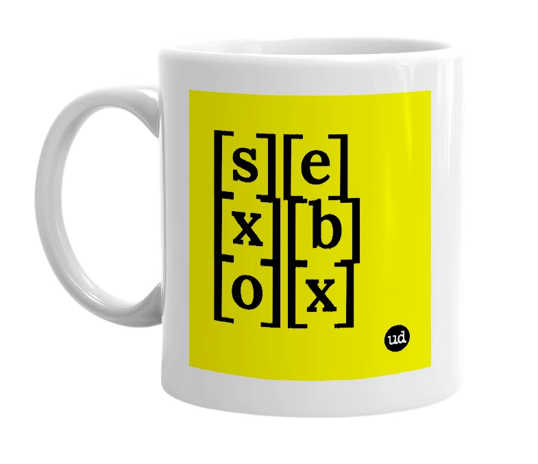 White mug with '[s][e][x][b][o][x]' in bold black letters