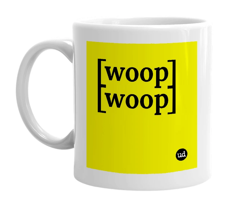 White mug with '[woop][woop]' in bold black letters