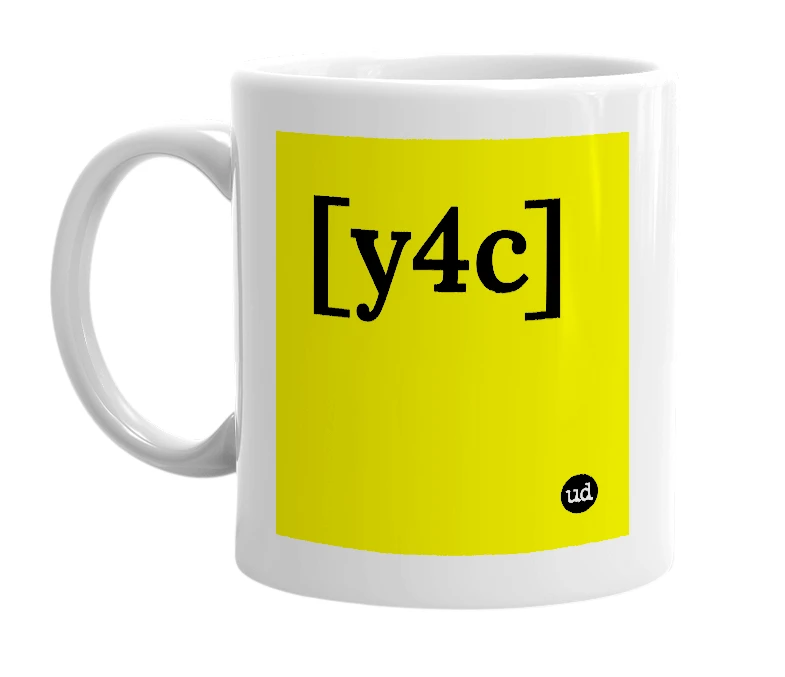 White mug with '[y4c]' in bold black letters