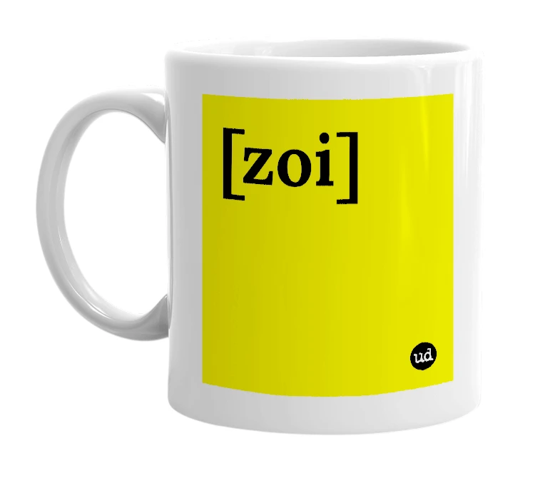 White mug with '[zoi]' in bold black letters