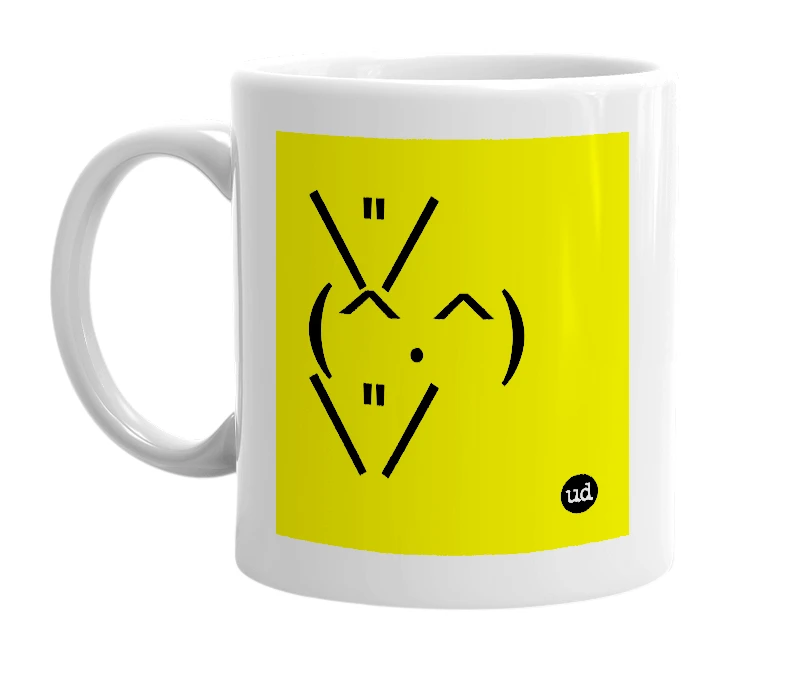 White mug with '\"/(^.^)\"/' in bold black letters
