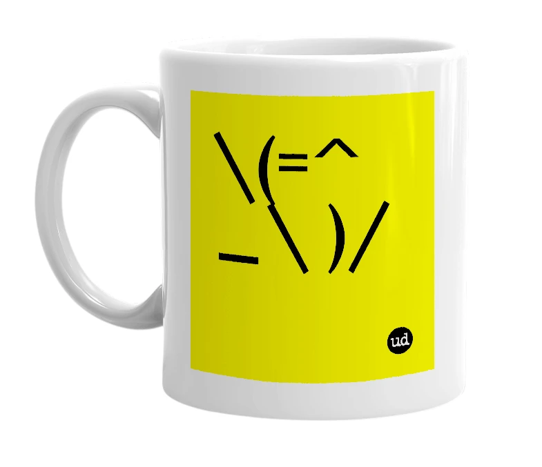 White mug with '\(=^ _\ )/' in bold black letters