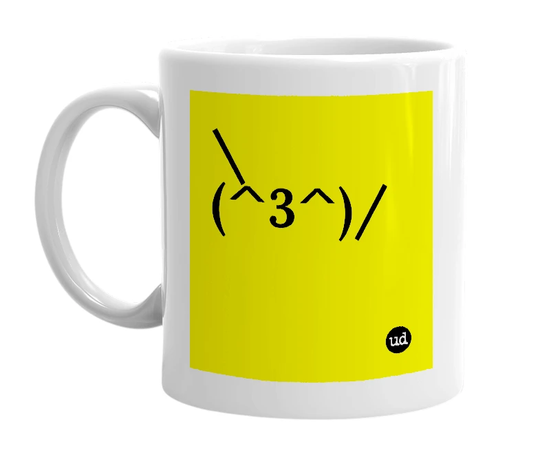 White mug with '\(^3^)/' in bold black letters