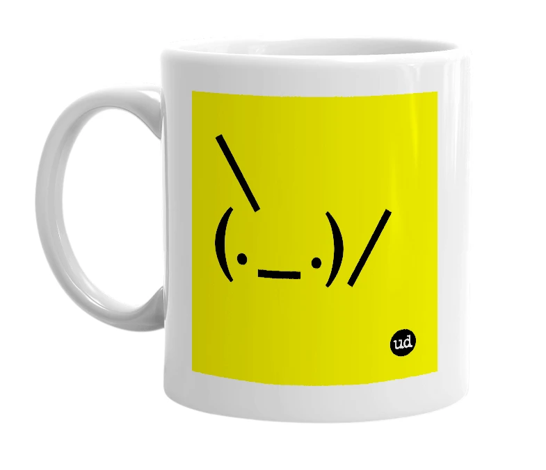 White mug with '\(._.)/' in bold black letters