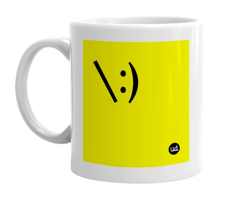 White mug with '\:)' in bold black letters