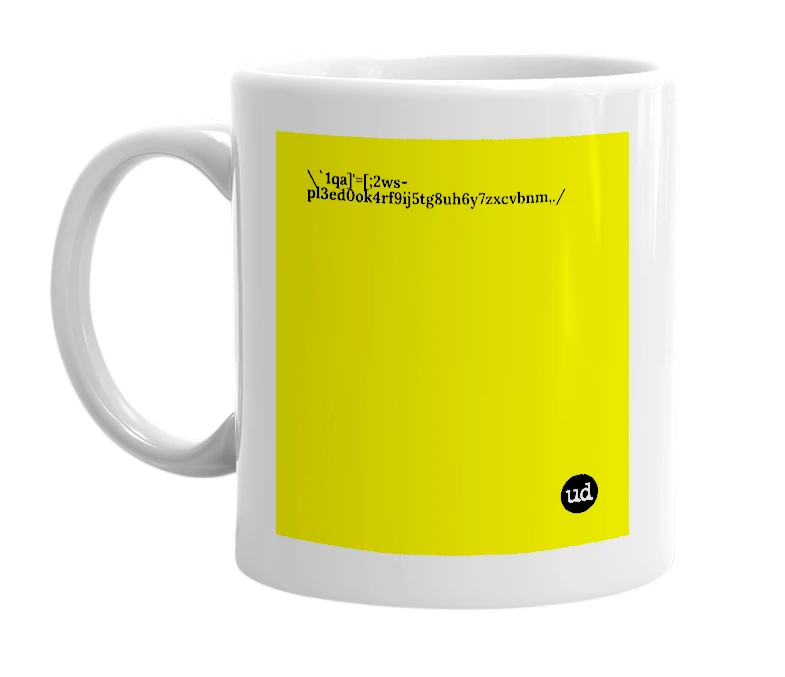 White mug with '\`1qa]'=[;2ws-pl3ed0ok4rf9ij5tg8uh6y7zxcvbnm,./' in bold black letters
