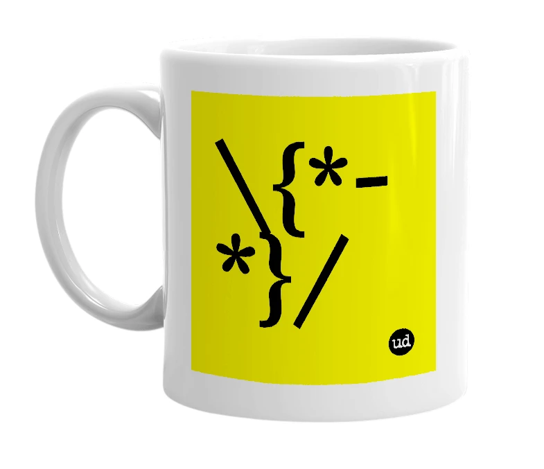 White mug with '\{*-*}/' in bold black letters