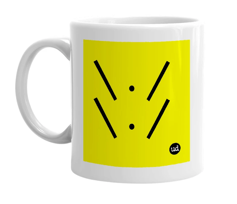 White mug with '\ . /\ . /' in bold black letters