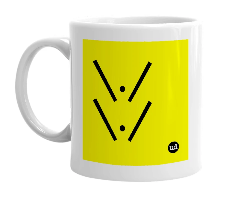 White mug with '\./\./' in bold black letters