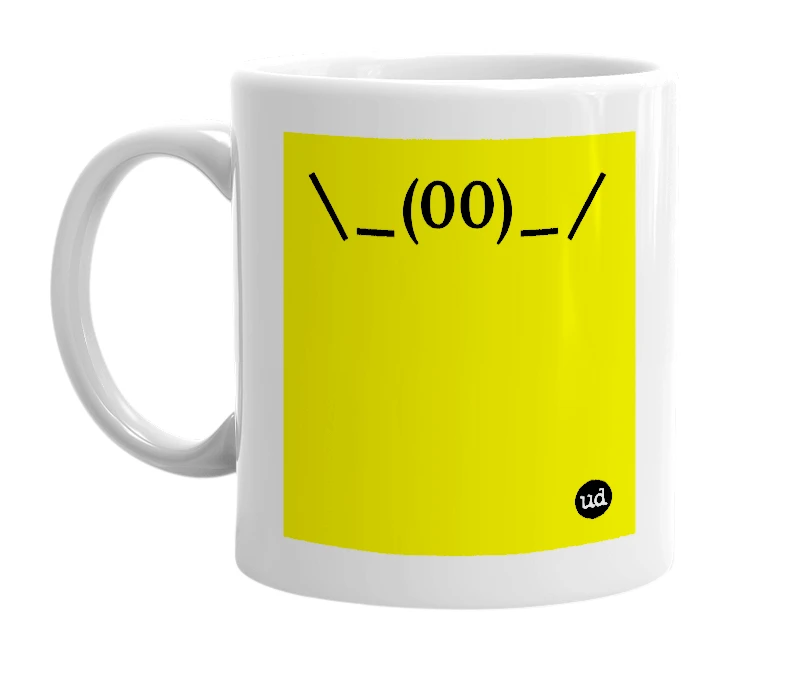 White mug with '\_(00)_/' in bold black letters