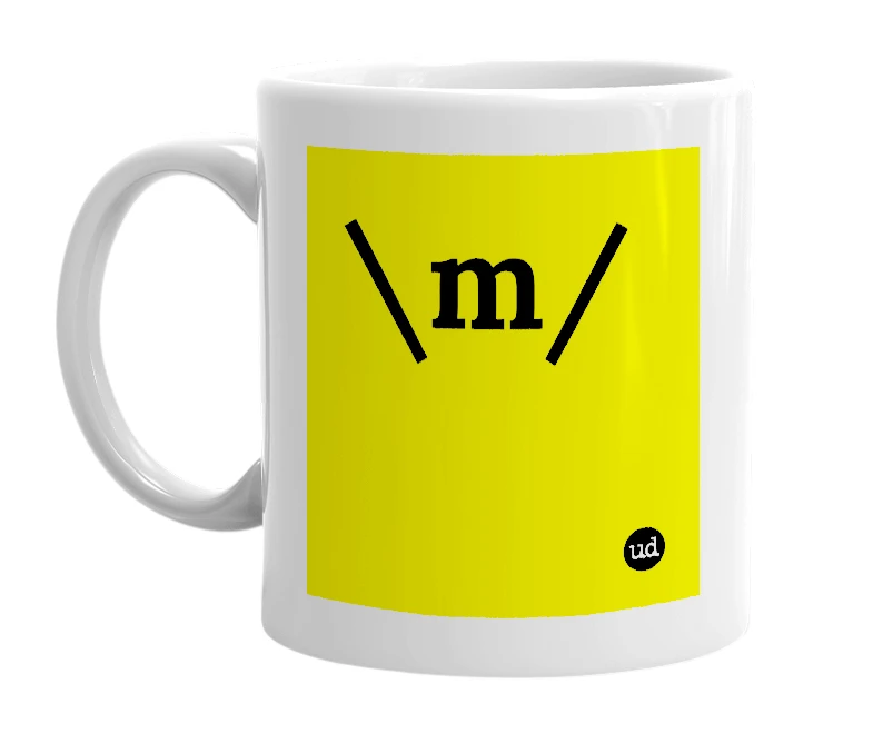 White mug with '\m/' in bold black letters