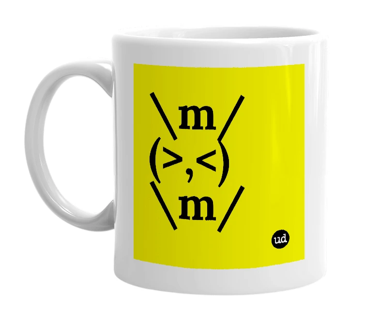 White mug with '\m/ (>,<) \m/' in bold black letters