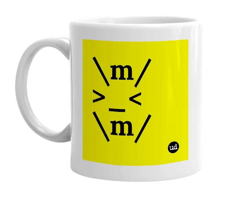 White mug with '\m/ >_< \m/' in bold black letters