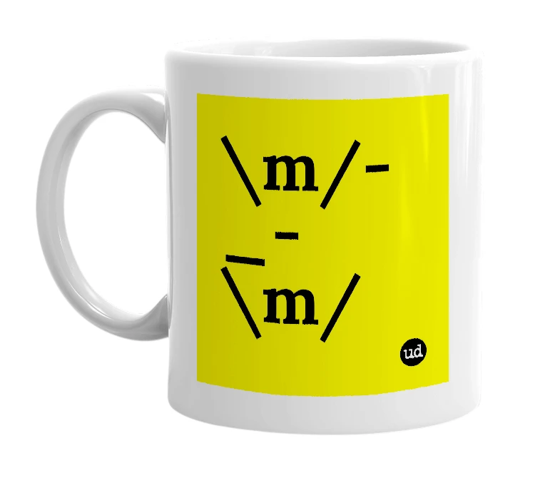 White mug with '\m/-_-\m/' in bold black letters