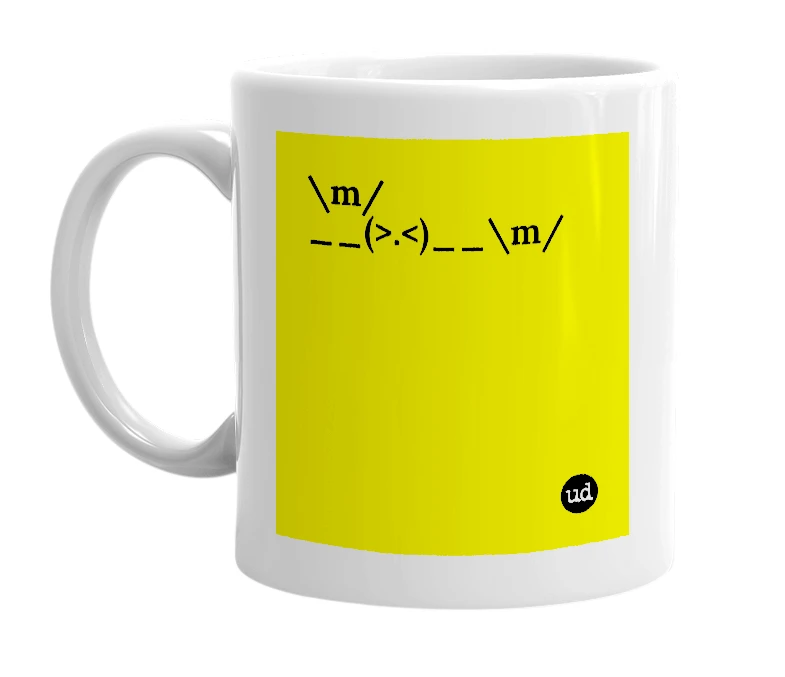 White mug with '\m/__(>.<)__\m/' in bold black letters