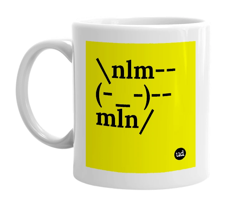 White mug with '\nlm--(-_-)--mln/' in bold black letters