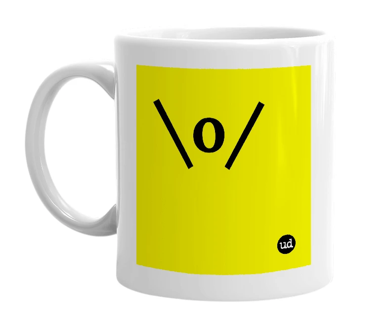 White mug with '\o/' in bold black letters