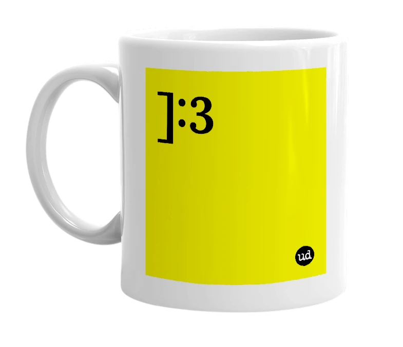 White mug with ']:3' in bold black letters