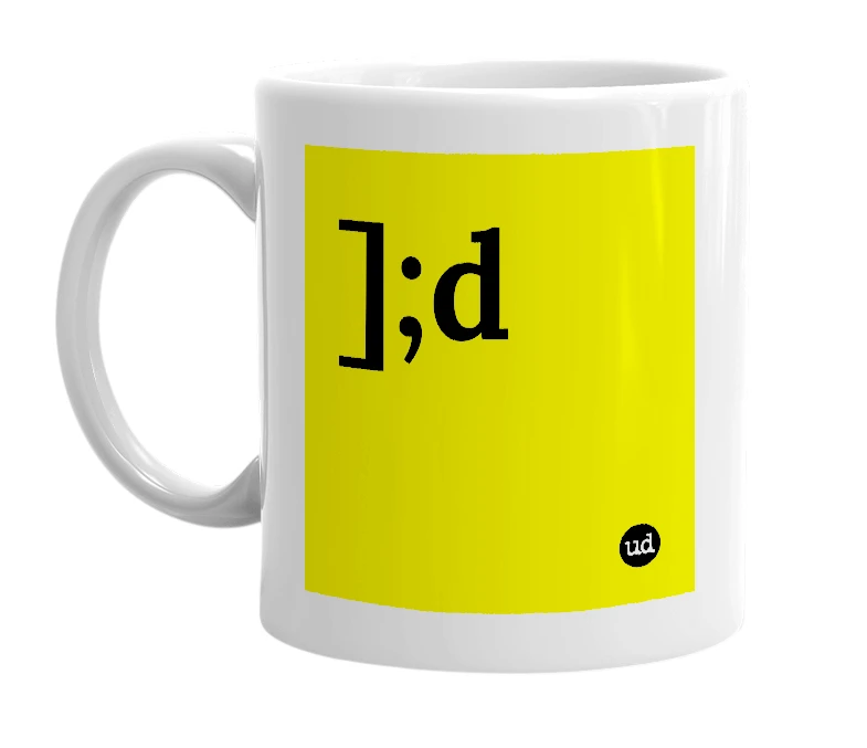 White mug with '];d' in bold black letters