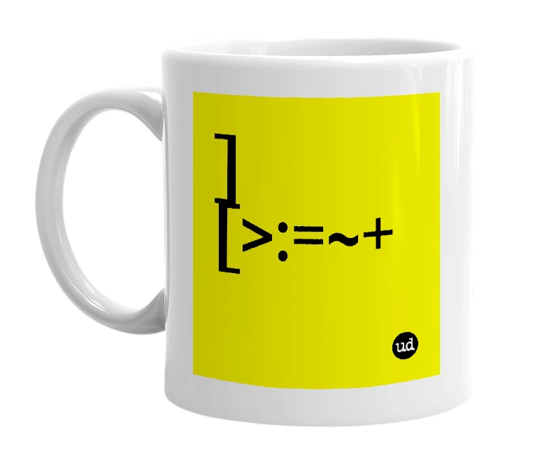 White mug with '][>:=~+' in bold black letters